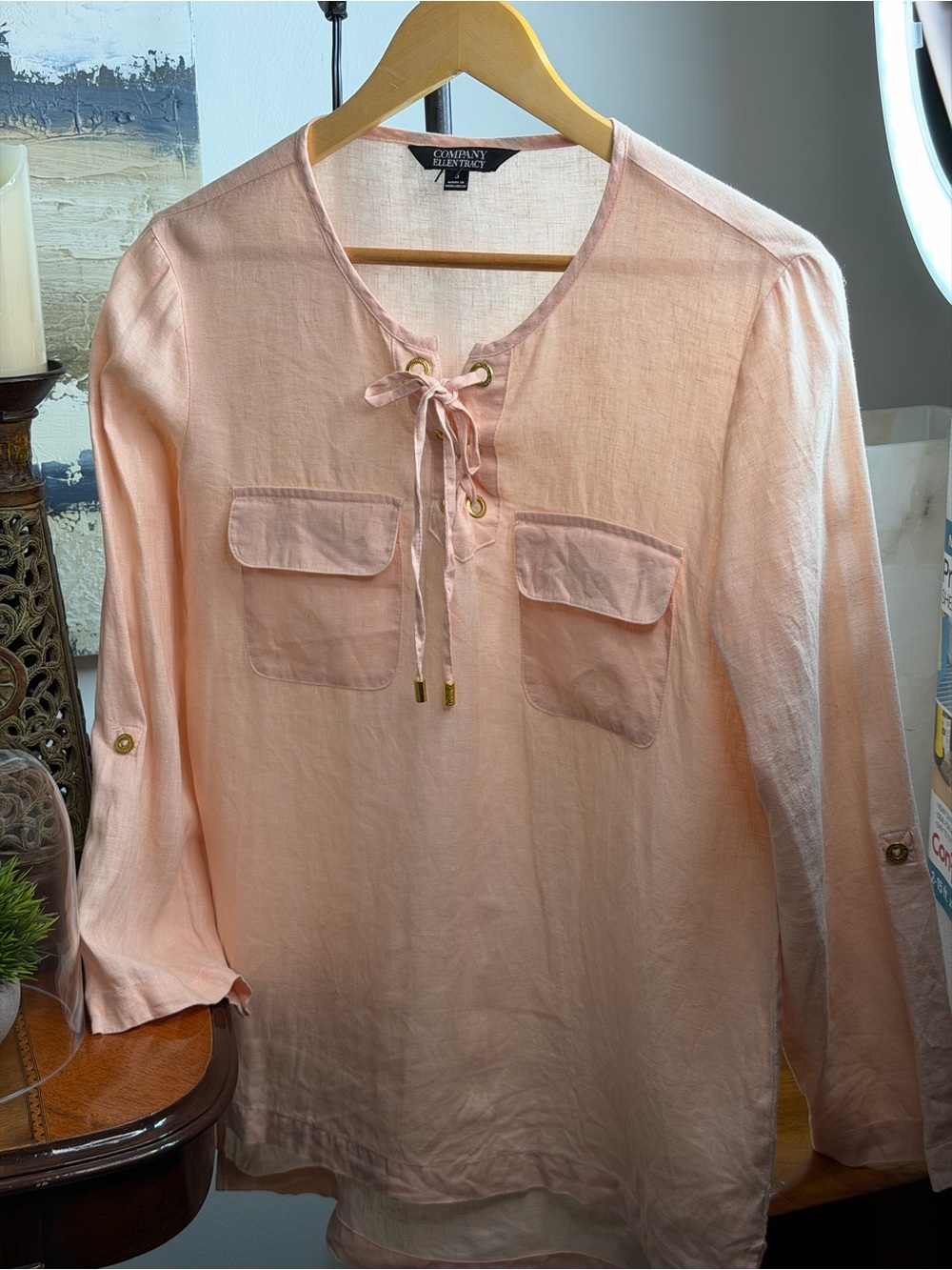 Ellen Tracy Light Pink Tie-Neck Linen-Blend Tunic Top
